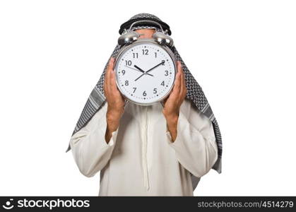 Arab man with clock isolated on white