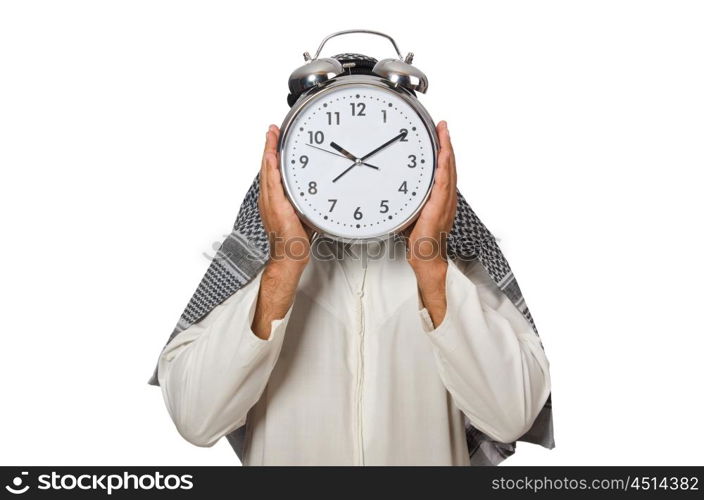 Arab man with clock isolated on white