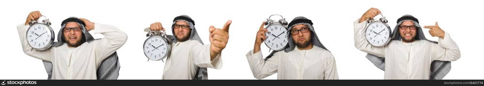 Arab man with clock isolated on white