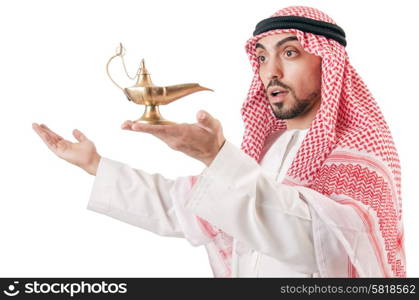 Arab man with lamp isolated on white