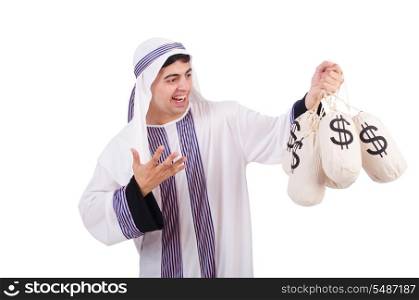 Arab man with money sacks isolated on white