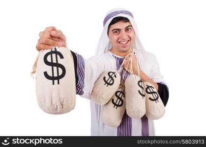 Arab man with money sacks isolated on white