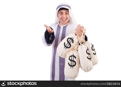 Arab man with money sacks isolated on white