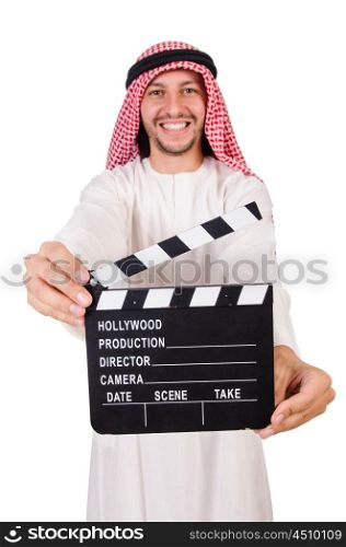 Arab man with movie clapper on white
