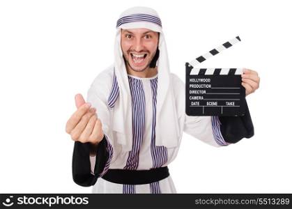 Arab man with movie clapper on white