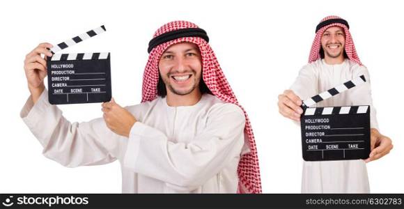 Arab man with movie clapper on white. The arab man with movie clapper on white