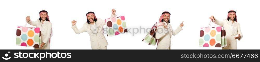 Arab man with shopping bags on white