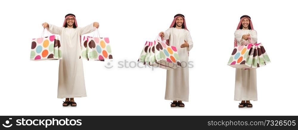 Arab man with shopping bags on white