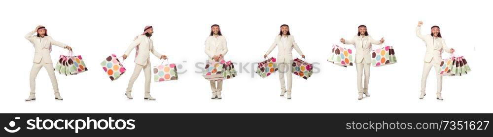 Arab man with shopping bags on white