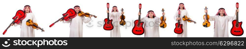 Arab musician with violin and guitar isolated on white. The arab musician with violin and guitar isolated on white