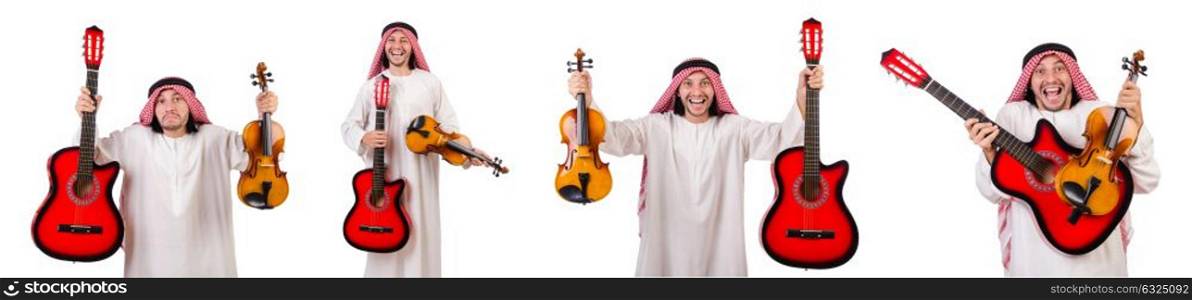 Arab musician with violin and guitar isolated on white