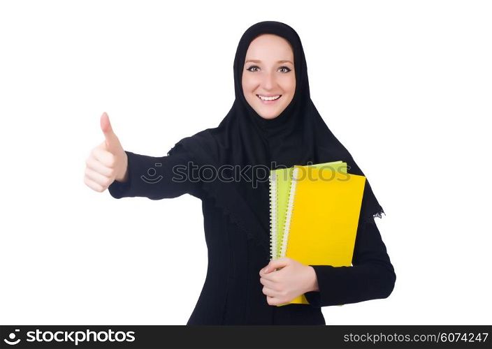 Arab student with books on white