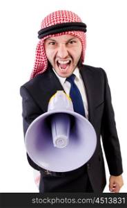 Arab yelling with loudspeaker isolated on white