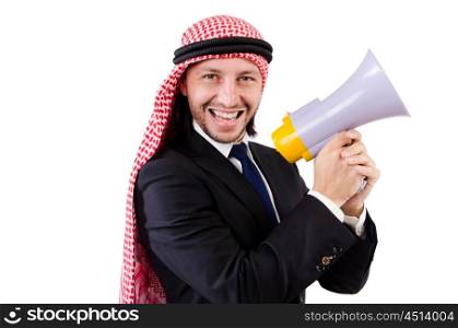 Arab yelling with loudspeaker isolated on white