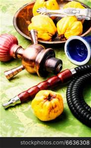 Arabian shisha hookah with flavor quince for relax. Quince shisha.Autumn shisha menu. Shisha with aroma quince