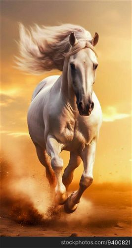 Arabian Stallion Galloπng Through a Sun-kissed Field. Ge≠rative ai. High quality illustration. Arabian Stallion Galloπng Through a Sun-kissed Field. Ge≠rative ai