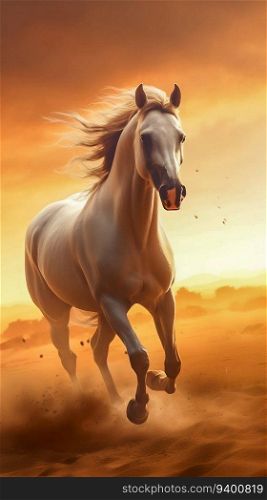 Arabian Stallion Galloping Through a Sun-kissed Field. Generative ai. High quality illustration. Arabian Stallion Galloping Through a Sun-kissed Field. Generative ai