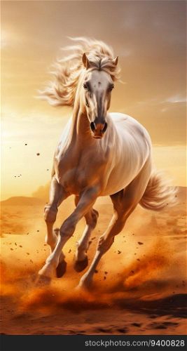 Arabian Stallion Galloping Through a Sun-kissed Field. Generative ai. High quality illustration. Arabian Stallion Galloping Through a Sun-kissed Field. Generative ai