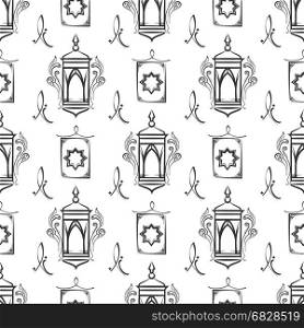 Arabic ornate lamps seamless pattern. Arabic ornate lamps black and white seamless pattern. Vector illustration