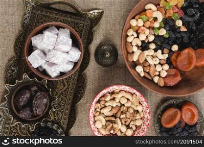 arabic ramadan lukum dates dried fruits nuts tabletop