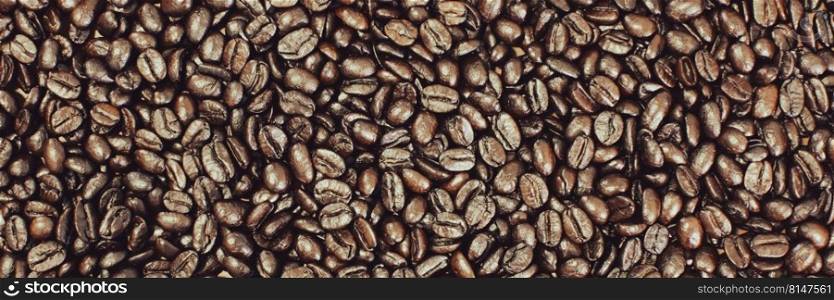 Arabica coffee beans with roasted,panoramic banner background