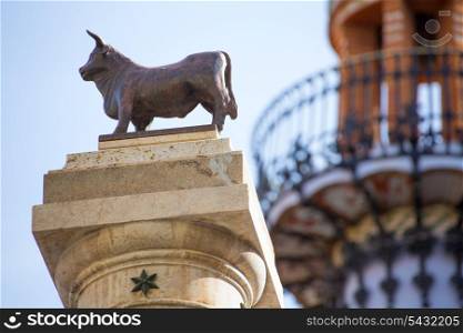 Aragon Teruel El Torico statue and modernist building in Plaza Carlos Castel square at Spain