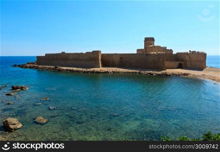 Aragonese castle of Le Castella, a fortress on a small islet on Ionian Sea coast, overlooking the Costa dei Saraceni near Capo Rizzuto, Calabria, Italy.