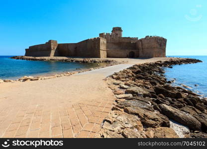 Aragonese castle of Le Castella, a fortress on a small islet on Ionian Sea coast, overlooking the Costa dei Saraceni near Capo Rizzuto, Calabria, Italy.