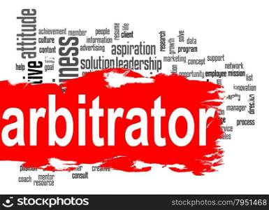 Arbitrator word cloud with red banner image with hi-res rendered artwork that could be used for any graphic design.. Decision word cloud with yellow banner