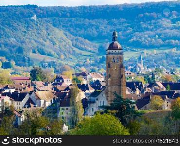 Arbois town in heart of the Jura wine region of eastern France. Place to visit, tourist attraction.. Arbois town in France