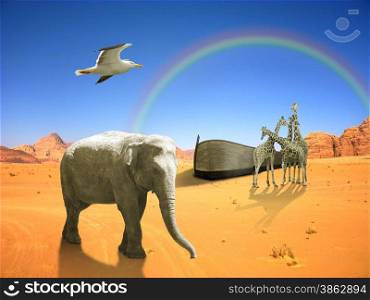 Arc of Noah with elephant, bird, giraffes in desert with rainbow