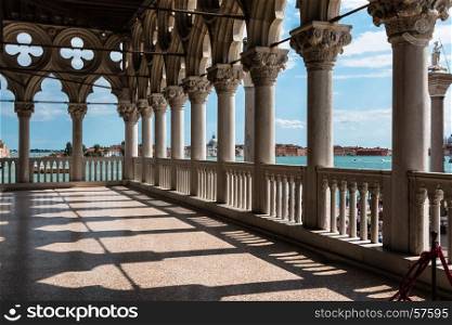 Arcade - Internal View from Doge's Palace, Gothic architecture in Venice, Italy