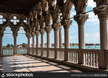 Arcade - Internal View from Doge's Palace, Gothic architecture in Venice, Italy