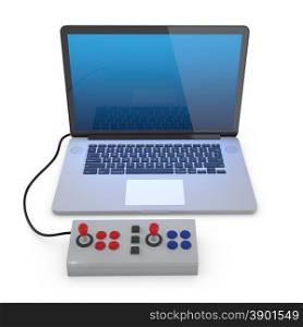 Arcade joystick connected to laptop pc isolated on white background. (3D Render)