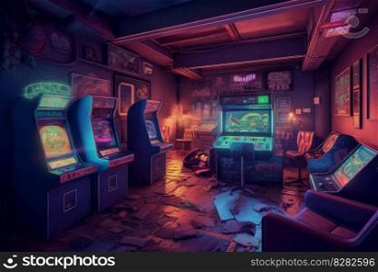 Arcade retro cyberpunk. Room game. Generate Ai. Arcade retro cyberpunk. Generate Ai
