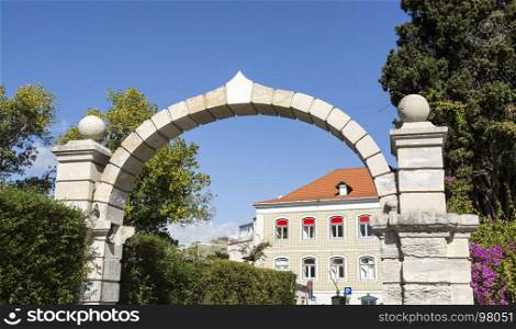 Arch at the entrance to the Marques de Pombal Palace estate in Oeiras, Portugal