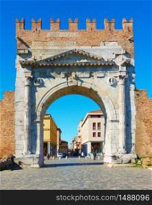 Arch of Augustus - Gate in the old town of Rimini, Italy. It was built in 27 BC and it is the oldest Roman arch which survives