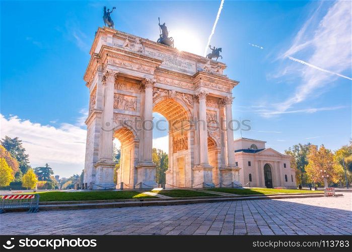 Arch of Peace in Milan, Lombardia, Italy. Arch of Peace, or Arco della Pace, city gate in the centre of the Old Town of Milan in the sunny day, Lombardia, Italy.