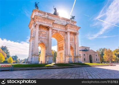 Arch of Peace in Milan, Lombardia, Italy. Arch of Peace, or Arco della Pace, city gate in the centre of the Old Town of Milan in the sunny day, Lombardia, Italy.