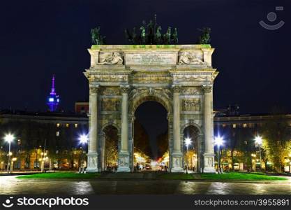 Arch of Peace (Porta Sempione) at night in Milan, Italy