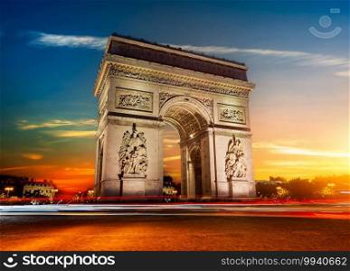 Arch of Triumph in Paris at sunny sunrise, long exposure