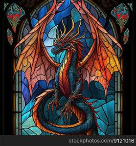 Arch stained glass style window with colorful dragon. Generative AI. Not based on any actual scene or pattern. Stained glass window with colorful dragon. Generative AI. Not based on any actual scene or pattern