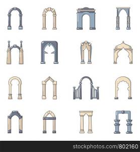 Arch types icons set. Cartoon illustration of 16 arch types vector icons for web. Arch types icons set, cartoon style