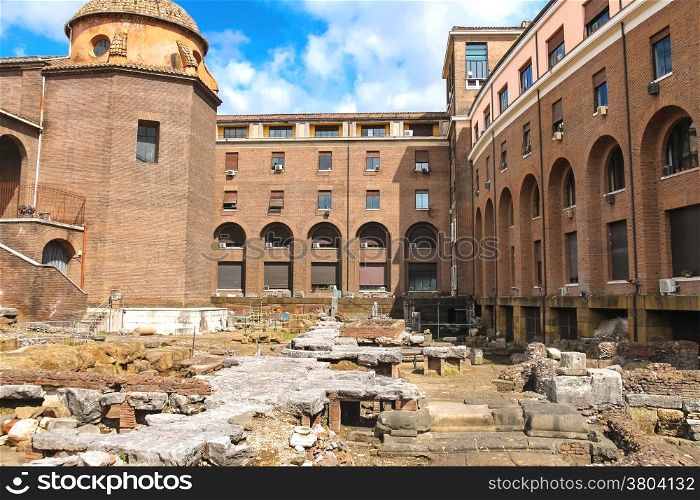 Archaeological excavations in the courtyard of a modern building in Rome, Italy
