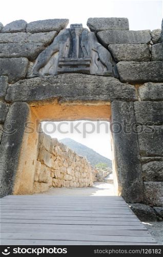 Archaeological site of Mycenae. The archaeological site of Mycenae in the Peloponnese with the Lion Gate and Treasury Tombs