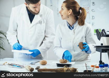 Archaeologist measuring ancient artifact loom weight or weight for fishing net on digital scale in laboratory.. Archaeologist Measuring Prehistoric Weight on a Precision Scale in Laboratory