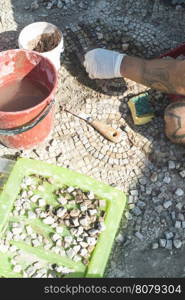 Archaeologists recover artifacts mosaic. Roman mosaic in The Great Basilica in Plovdiv built in the fifth century. Bulgaria, Plovdiv