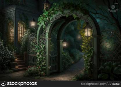 arched arbor with lanterns in green mass of foliage adjacent to cozy backyard at night, created with generative ai. arched arbor with lanterns in green mass of foliage adjacent to cozy backyard at night