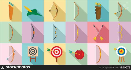 Archery icons set. Flat set of archery vector icons for web design. Archery icons set, flat style