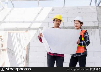 Architect and client discussing the plan with blueprint of the building at construction site. Asian engineer foreman worker man and woman working talking on drawing paper to checking project